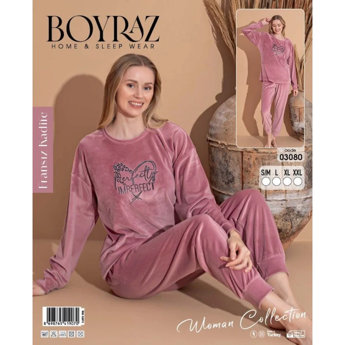 Boyraz 03080 Fransız Kadife Kumaş Uzun Kol Pijama Takımı