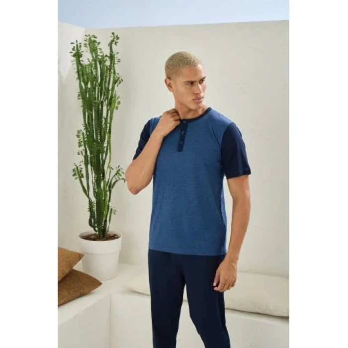 Erkek 2205 Erkek  Battal Midi Yaka Pijama Takım