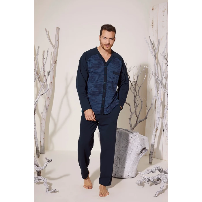 Erkek 8025 Erkek   V Yaka Boydan Düğmeli Pijama Takımı