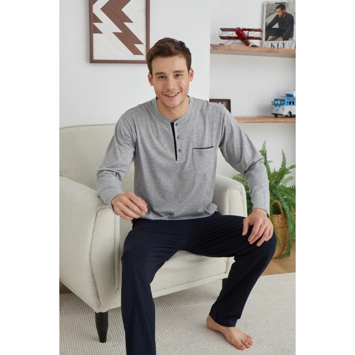 Erkek 9111 Battal  Erkek   Midi Yaka Pijama Takımı