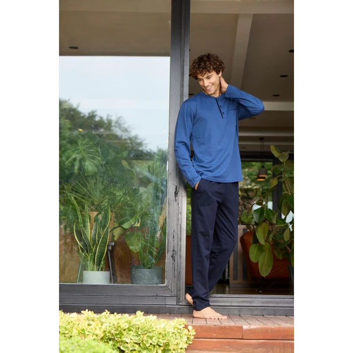 Erkek 9133 Erkek  Midi Yaka Uzun Kollu Pijama Takımı