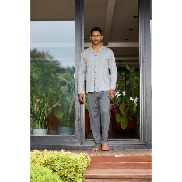 Erkek 9134 Erkek   V Yaka Boydan Düğmeli Pijama Takımı