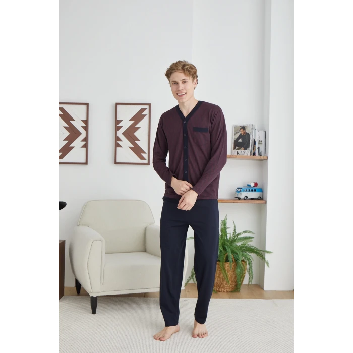 Erkek 9252 Erkek   V Yaka Boydan Düğmeli Pijama Takımı