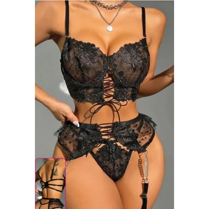 For Dreams 8451 Siyah Tül Puantiye Ve Bağlama Detaylı Zincirli Jartiyer Takım