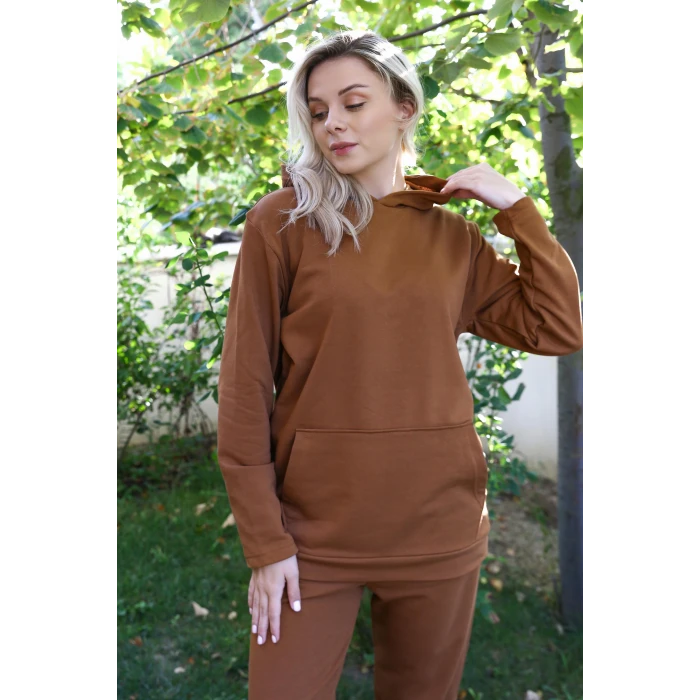 Giyim Kadın Pamuk Kapşonlu Cepli 3 İplik Kahve Eşofman Takım