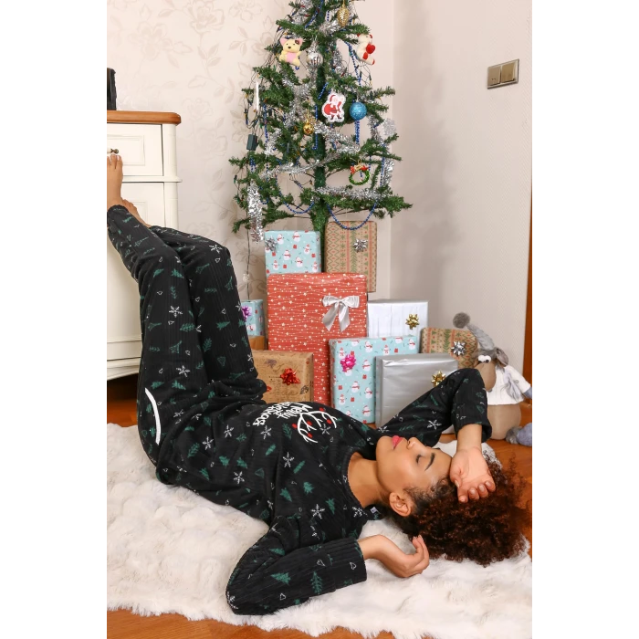 Giyim Merry Christmas  Polar Kadın Pijama Takımı Siyah