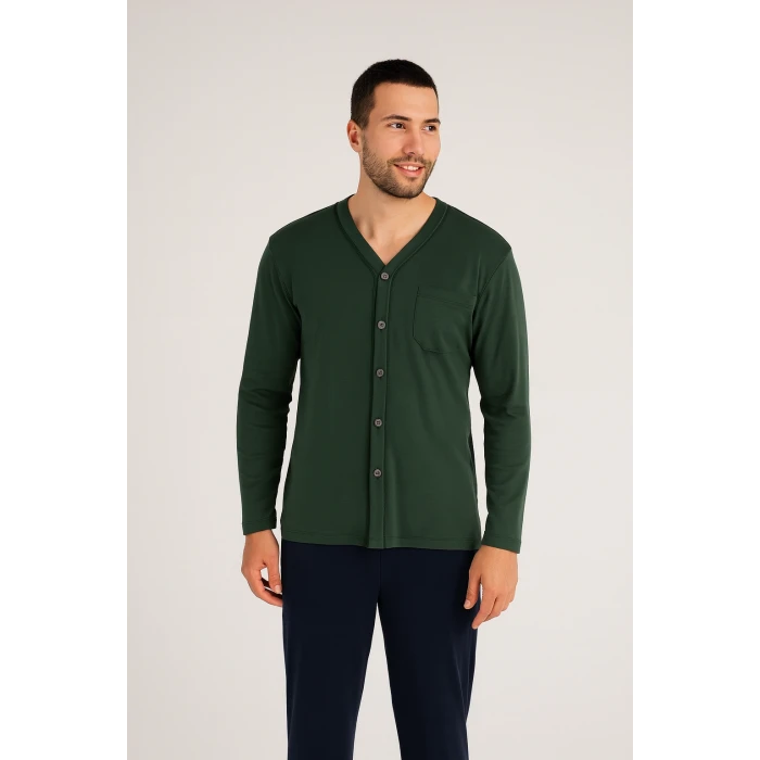 Kly V Yaka Boydan Düğmeli Battal Boy Erkek Pijama Takımı 9267 % 100 Pamuk