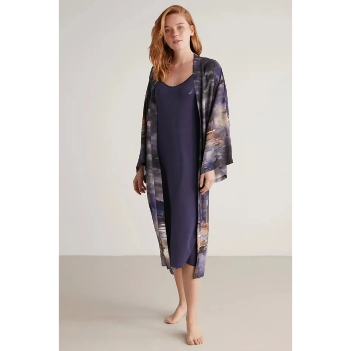 Nautıca W603 Kadın Baskılı Uzun Gecelik Ve Sabahlık Takımı