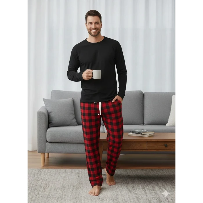 Pijalüx Tek Alt Ekose Kalın Poplin Kışlık Ev Pantalonu