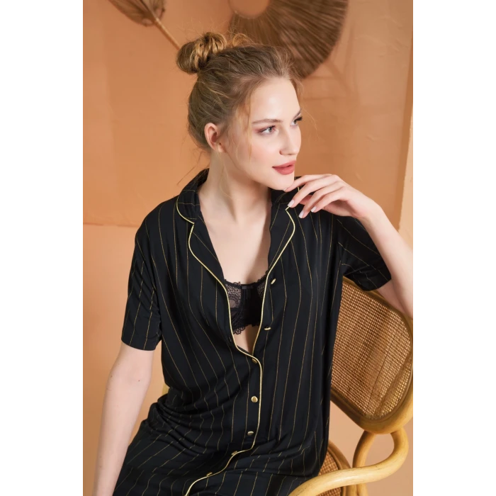 Pjs 27043 Kadın Kısa Kol Çizgili Önü Düğmeli Gecelik