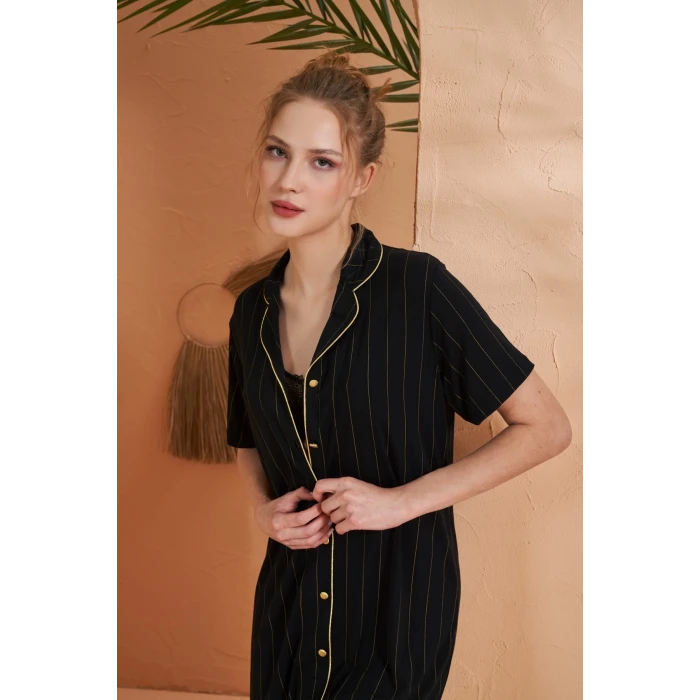 Pjs 27043 Kadın Kısa Kol Çizgili Önü Düğmeli Gecelik