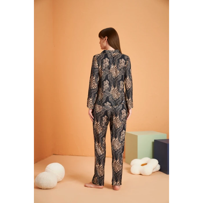 Pjs 28039 Kadın Uzun Kol Boydan Düğmeli Desenli Pijama Takımı