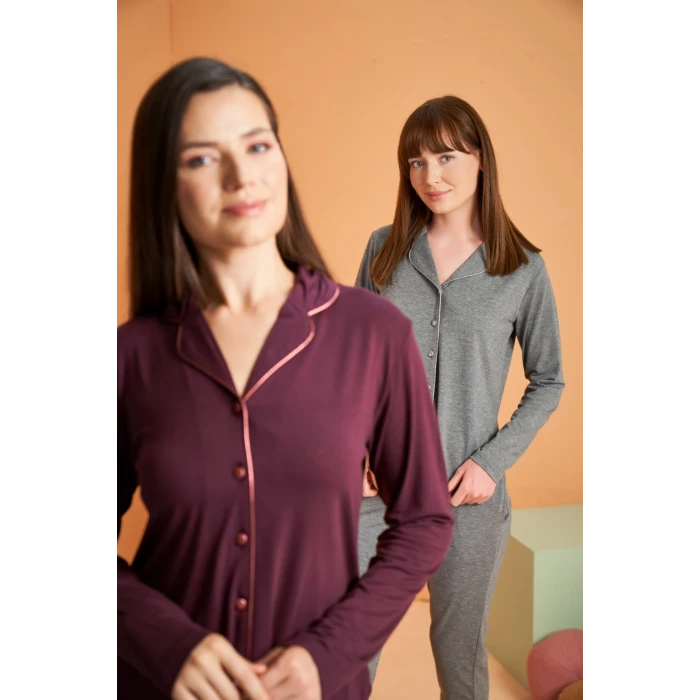 Pjs 28049 Kadın Uzun Kol Önü Düğmeli Pijama Takım