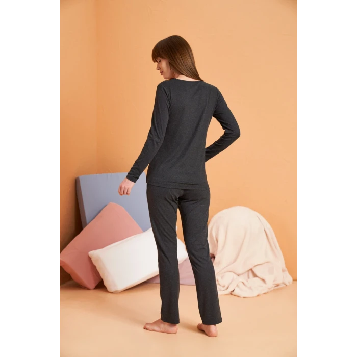 Pjs 28091 Kadın Uzun Kol V Yaka Pijama Takımı