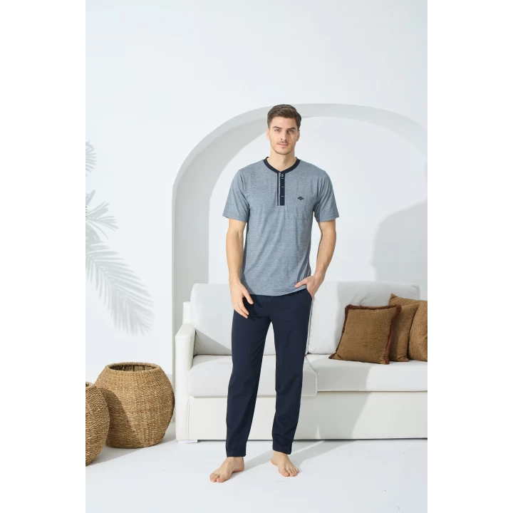 9513 Erkek  Midi Yaka Kısa Kol Pijama Takım