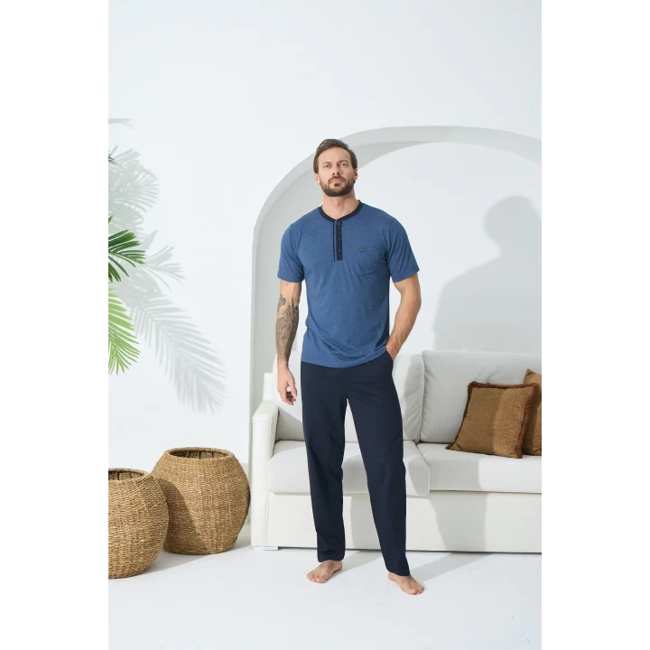 9513 Erkek  Midi Yaka Kısa Kol Pijama Takım