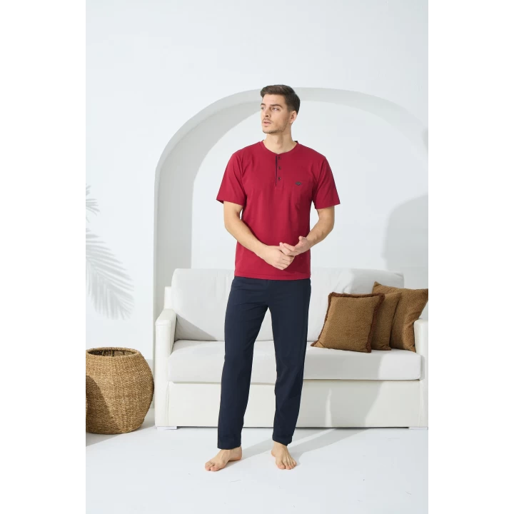 9514 Erkek  Midi Yaka Kısa Kol Pijama Takım