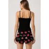 Çilek Baskılı Siyah Askılı Şortlu Pijama Takımı