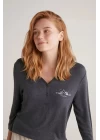 Nautıca W604 Kadın Patlı V Yaka Uzun Kollu Pijama Takımı