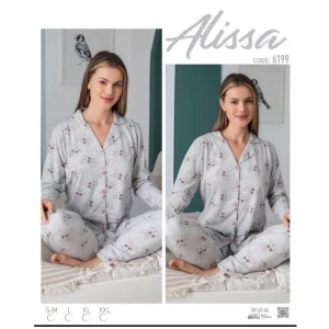 Alissa 6199 Bayan Önü Düğmeli Desenli Pijama Takımı