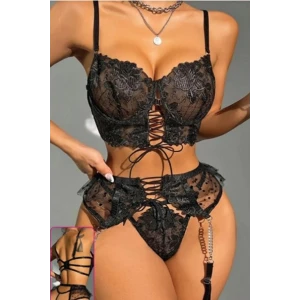 For Dreams 8451 Siyah Tül Puantiye Ve Bağlama Detaylı Zincirli Jartiyer Takım