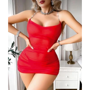 Nightlight 7054 Ransparan Fantezi Sırtı Zincirli Mini Tül Tangalı Elbise