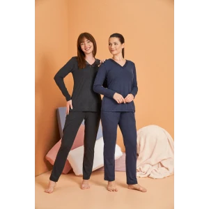 Pjs 28091 Kadın Uzun Kol V Yaka Pijama Takımı