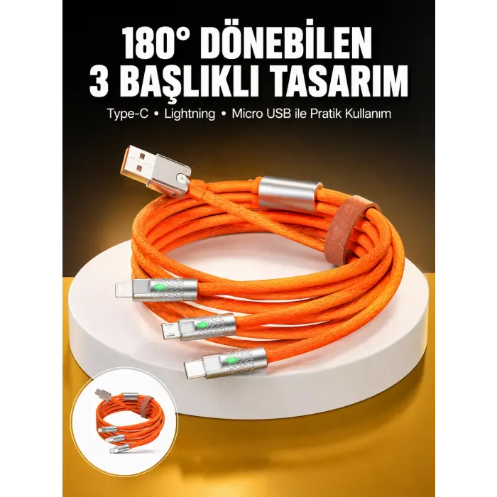 120W 3 İn 1 Uyumlu Silikon Şarj Kablosu Hızlı Şarj Kablosu