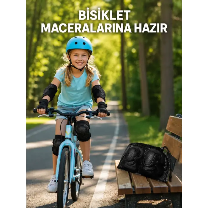 2li Çocuk Koruyucu Spor Seti Siyah Dizlik Dirseklik El Bilek Koruyucu