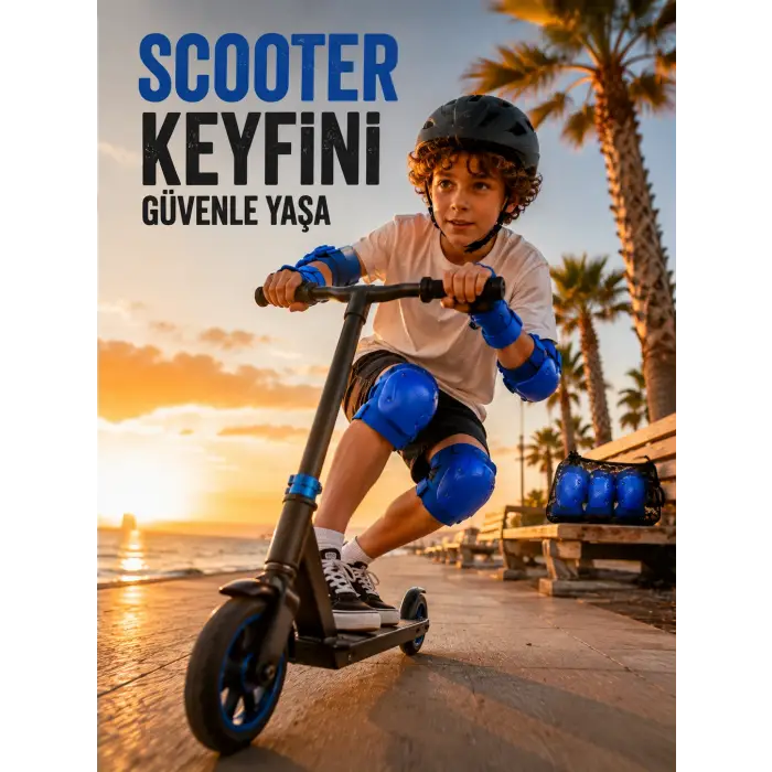 2li Mavi Çocuk Koruyucu Spor Seti Dizlik Dirseklik El Bilek Koruyucu