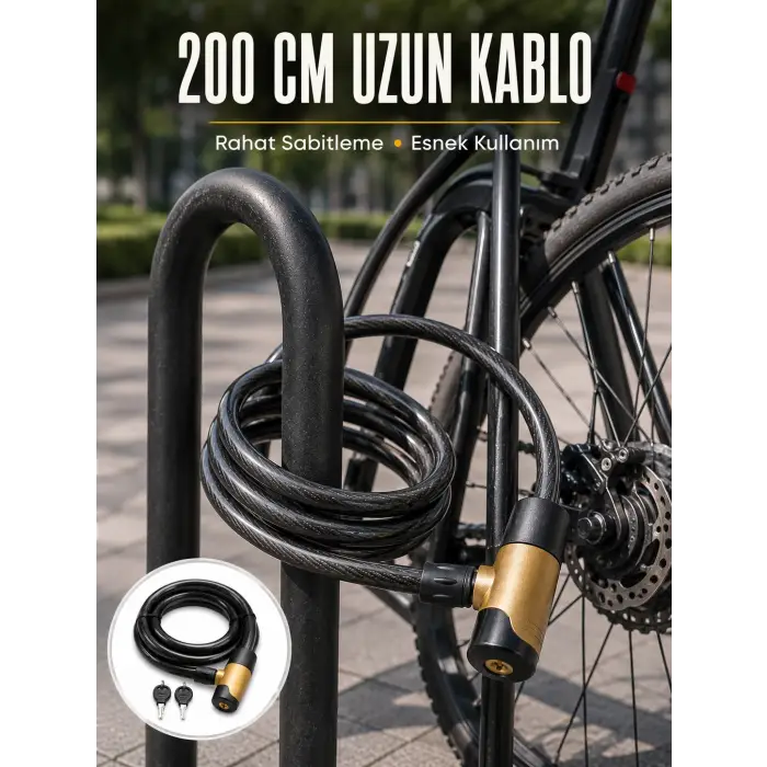 24 mm Kalın Çelik Halatlı Motosiklet ve Bisiklet Kilidi 200 cm Anahtarlı Güvenlik Kilidi