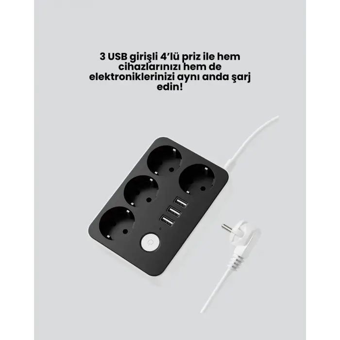 3 USB Çıkışlı 4’lü Akıllı Priz 2500W 2 Metre Kablo