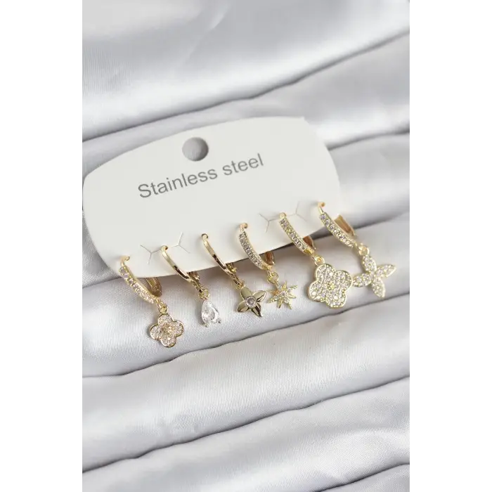 316L Çelik Gold Renk 6'lı Set Yonca Model Kadın Küpe