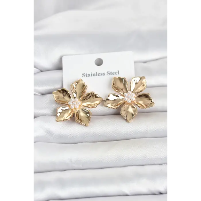 316L Çelik Gold Renk Lotus Çiçek Model Kadın Küpe