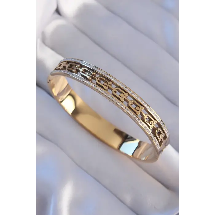 316L Çelik Gold Renk Zirkon Taşlı Model Kelepçe