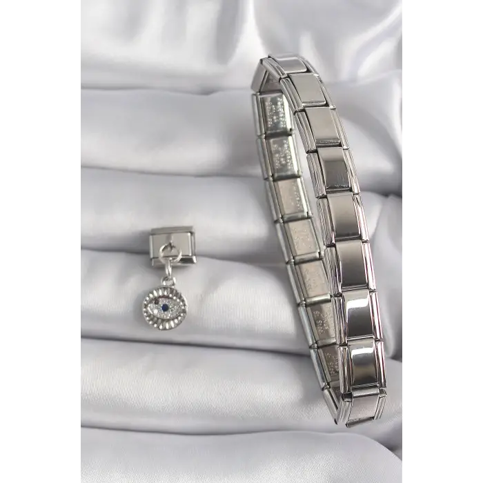 316L Çelik Gümüş Renk Sallantı Zirkon Taşlı Göz Model Charm