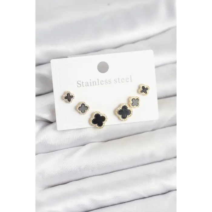 316L Çelik Zirkon Taşlı Yonca Model Kadın Küpe Seti