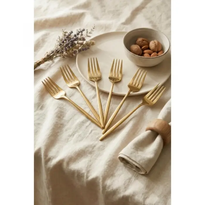 6lı Lüks Gold Paslanmaz Çelik Yemek Çatalı Seti (21 cm)