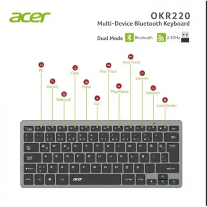 Acer OKR220 Siyah MultiDevice Dual Mode 2.4GHZ Bluetooth Klavye (Smart Tv)(Android)