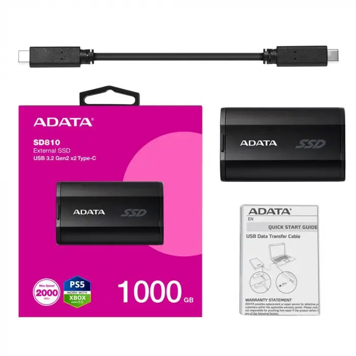 Adata 1000Gb SD810 Siyah Taşınabilir Usb 3.2 Gen2 x2 Type-C Ssd Harici Disk