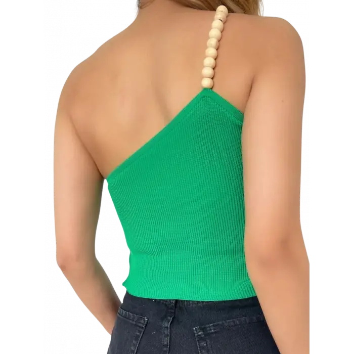 Ahşap Boncuk Detaylı  Bluz-YEŞİL