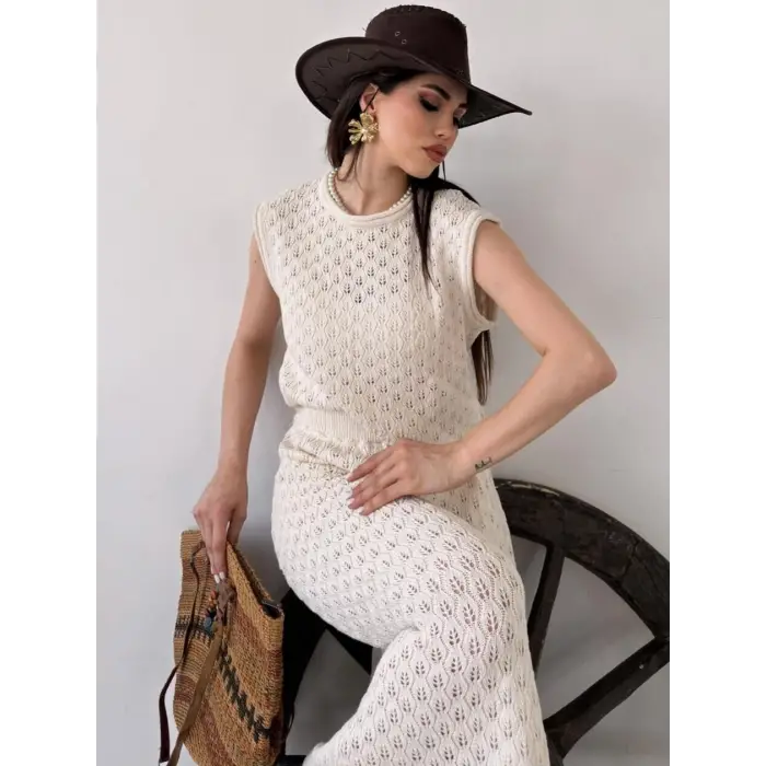 Alt Üst Takım- Bluz & Etek Triko - Krem