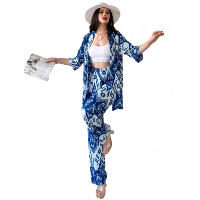 Alt Üst Takım Kimono- Desenli-Mavi