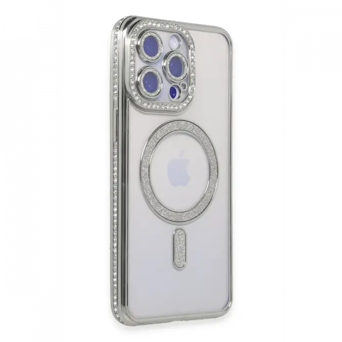 Apple iPhone 15 Pro Max Kılıf Joke Simli Magneticsafe Kılıf - Gümüş