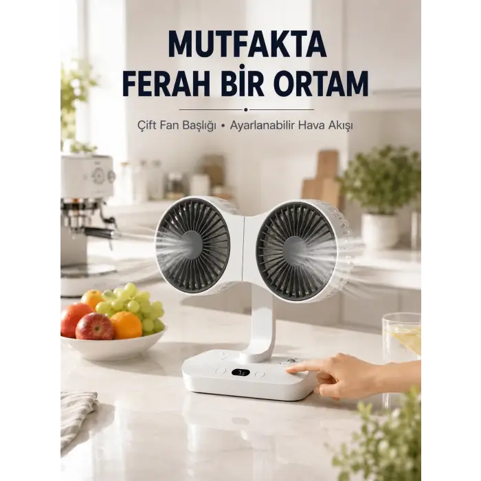 Ayarlanabilir Çift Fan Başlıklı Şarjlı Masa Vantilatörü