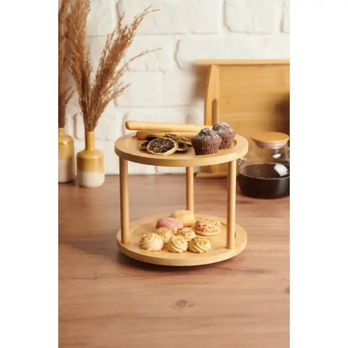 Bambu İki Katlı Döner Sunumluk 24,5×24,5×18 cm