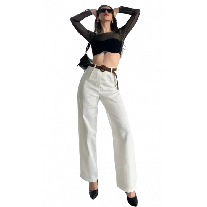 Beli Kemerli  Pantolon - BEYAZ