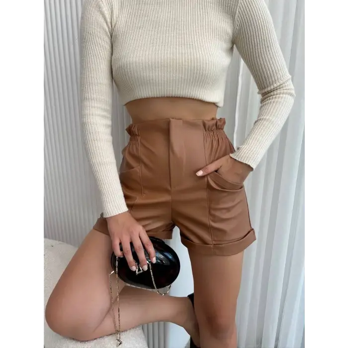 Beli lastikli deri şort kahve H24605