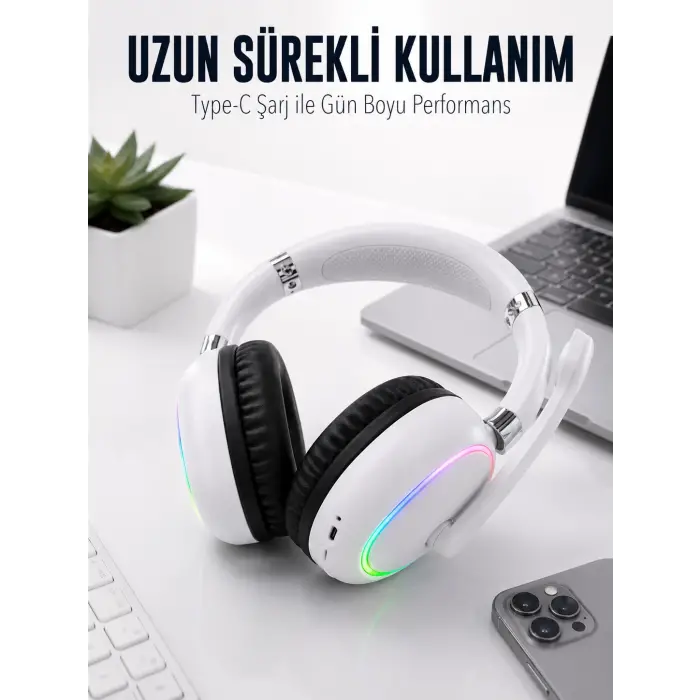 Beyaz Bluetooth 5.0 Mikrofonlu Kablosuz Kulak Üstü Kulaklık RGB Işıklı Type-C Şarjlı