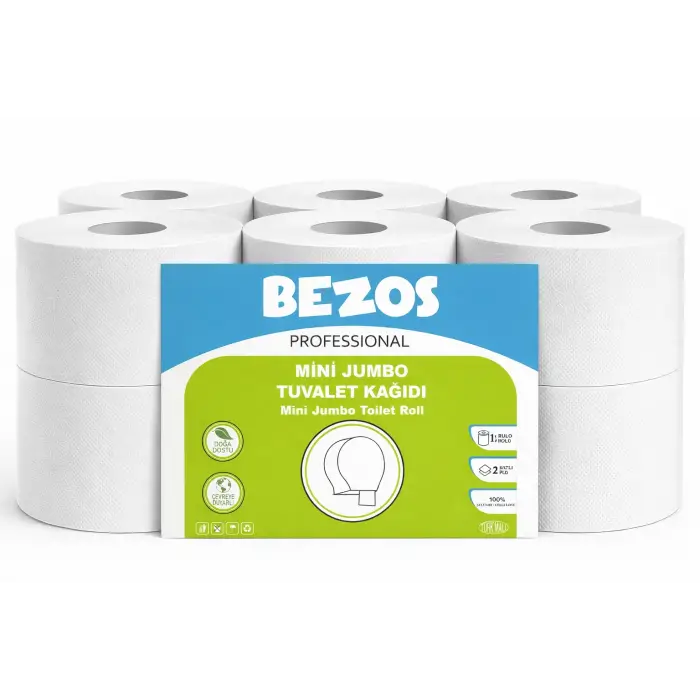 Bezos Professional Mini Jumbo Tuvalet Kağıdı 12 Rulo | 2 Katlı | %100 Selüloz | Endüstriyel & Ev Tipi Kullanım